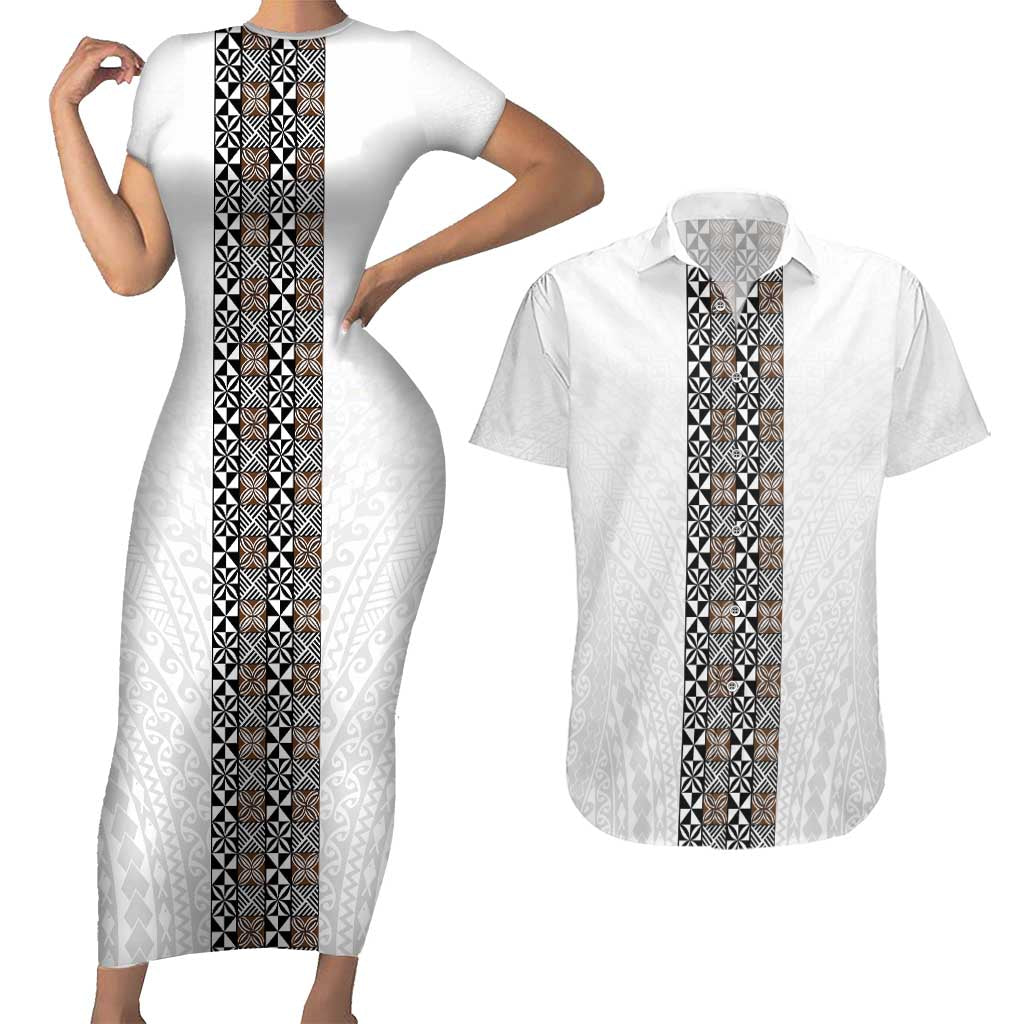 Light Gray Tongan Polynesian Tribal Couples Matching Short Sleeve Bodycon Dress and Hawaiian Shirt LT9 White - Polynesian Pride