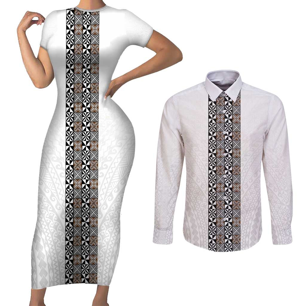 Light Gray Tongan Polynesian Tribal Couples Matching Short Sleeve Bodycon Dress and Long Sleeve Button Shirt LT9 White - Polynesian Pride