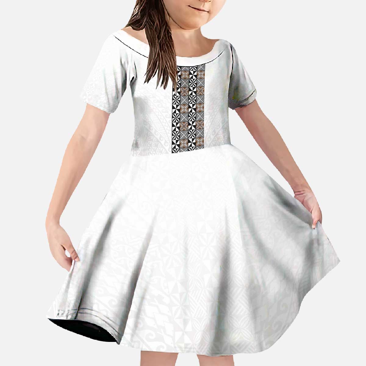 Light Gray Tongan Polynesian Tribal Family Matching Off The Shoulder Long Sleeve Dress and Hawaiian Shirt LT9 Daughter's Dress White - Polynesian Pride