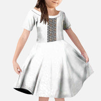 Light Gray Tongan Polynesian Tribal Family Matching Off The Shoulder Long Sleeve Dress and Hawaiian Shirt LT9 Daughter's Dress White - Polynesian Pride
