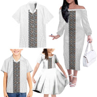 Light Gray Tongan Polynesian Tribal Family Matching Off The Shoulder Long Sleeve Dress and Hawaiian Shirt LT9 - Polynesian Pride