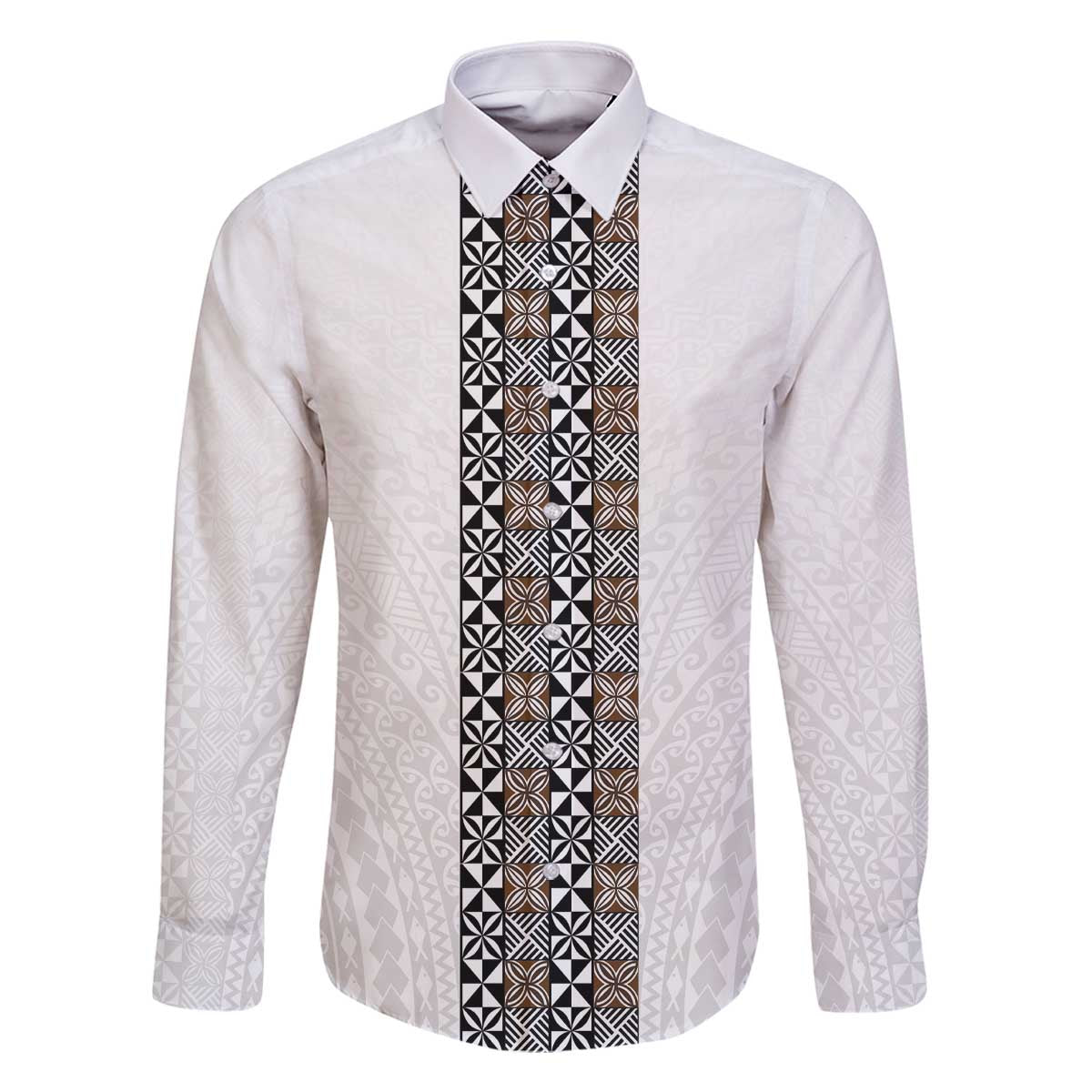 Light Gray Tongan Polynesian Tribal Family Matching Off The Shoulder Long Sleeve Dress and Hawaiian Shirt LT9 Dad's Shirt - Long Sleeve White - Polynesian Pride