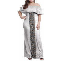 Light Gray Tongan Polynesian Tribal Family Matching Off Shoulder Maxi Dress and Hawaiian Shirt LT9 Mom's Dress White - Polynesian Pride