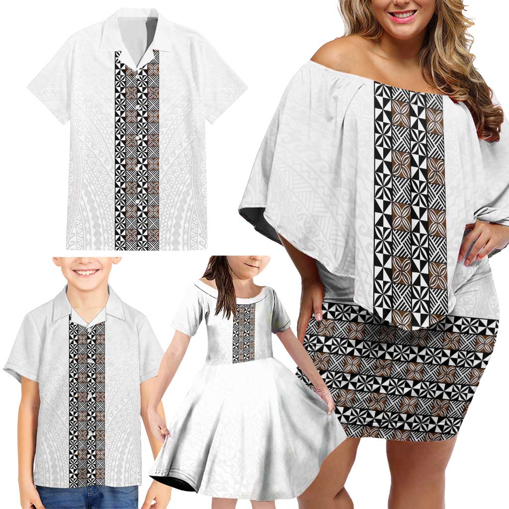 Light Gray Tongan Polynesian Tribal Family Matching Off Shoulder Short Dress and Hawaiian Shirt LT9 - Polynesian Pride