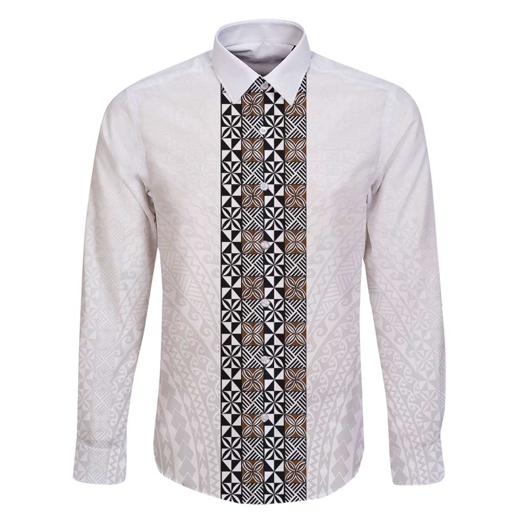 Light Gray Tongan Polynesian Tribal Family Matching Puletasi and Hawaiian Shirt LT9 Dad's Shirt - Long Sleeve White - Polynesian Pride