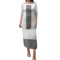 Light Gray Tongan Polynesian Tribal Family Matching Puletasi and Hawaiian Shirt LT9 Mom's Dress White - Polynesian Pride