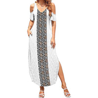 Light Gray Tongan Polynesian Tribal Family Matching Summer Maxi Dress and Hawaiian Shirt LT9 Mom's Dress White - Polynesian Pride