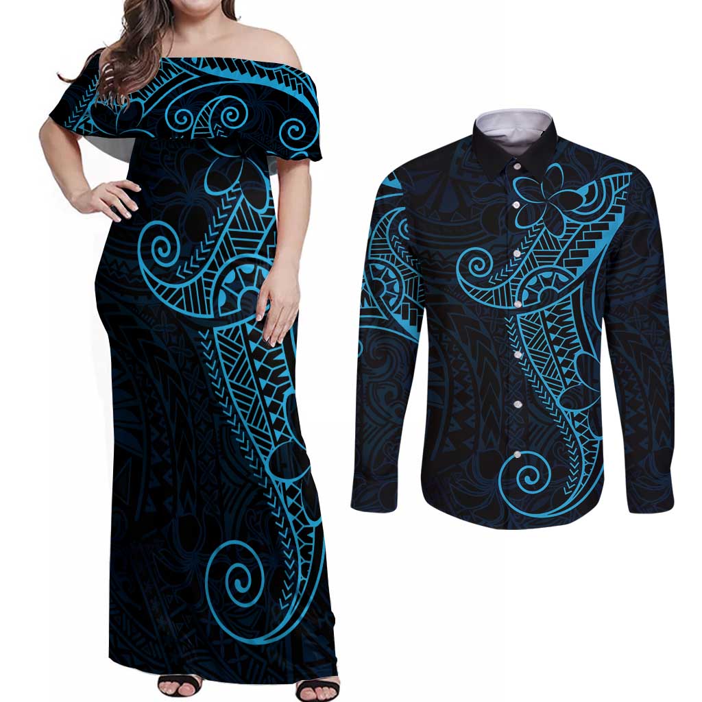 Black Blue Polynesian Tribal Couples Matching Off Shoulder Maxi Dress and Long Sleeve Button Shirt LT9 Blue - Polynesian Pride