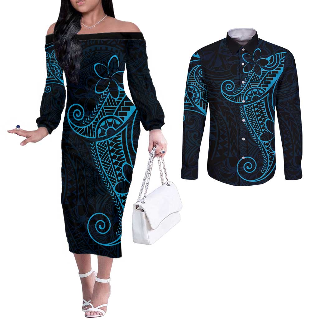 Black Blue Polynesian Tribal Couples Matching Off The Shoulder Long Sleeve Dress and Long Sleeve Button Shirt LT9 Blue - Polynesian Pride
