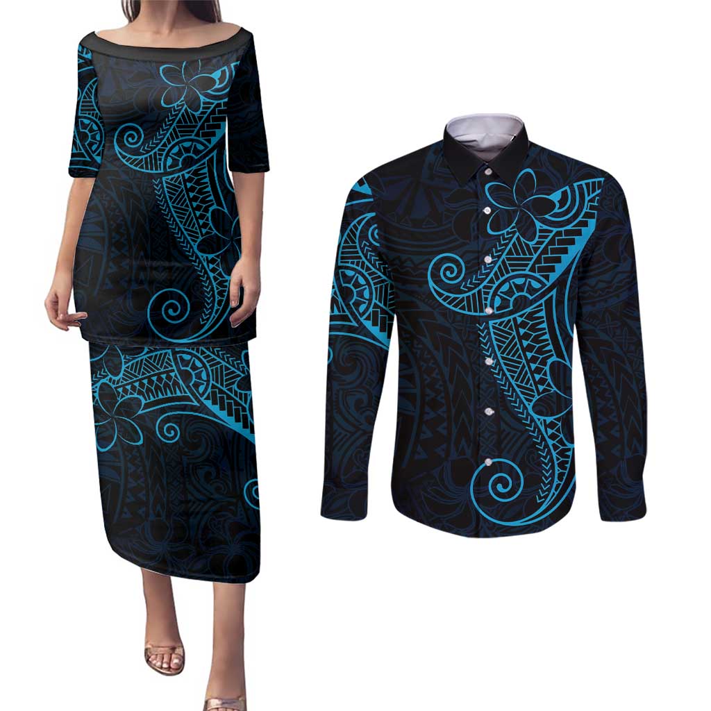 Black Blue Polynesian Tribal Couples Matching Puletasi and Long Sleeve Button Shirt LT9 Blue - Polynesian Pride
