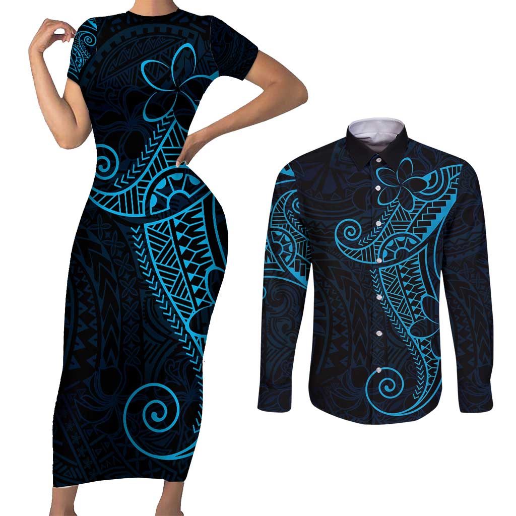 Black Blue Polynesian Tribal Couples Matching Short Sleeve Bodycon Dress and Long Sleeve Button Shirt LT9 Blue - Polynesian Pride