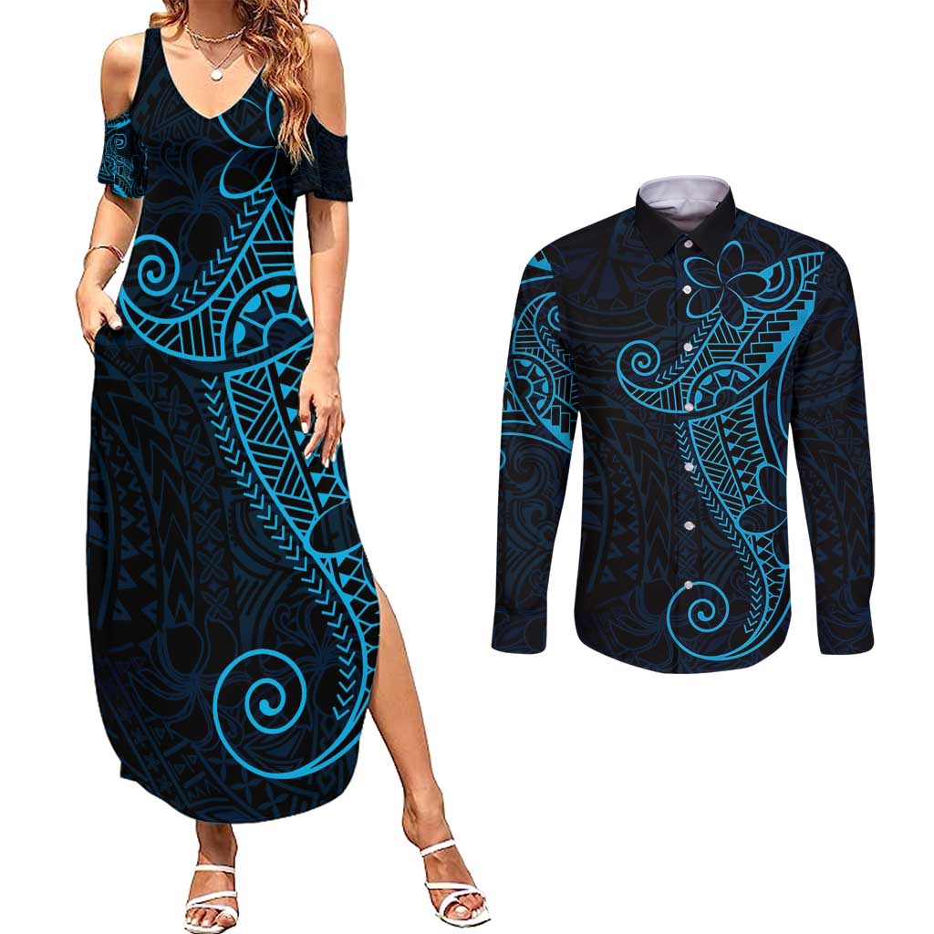 Black Blue Polynesian Tribal Couples Matching Summer Maxi Dress and Long Sleeve Button Shirt LT9 Blue - Polynesian Pride