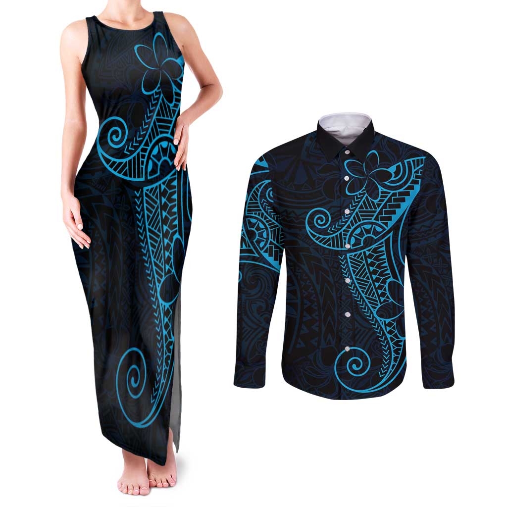 Black Blue Polynesian Tribal Couples Matching Tank Maxi Dress and Long Sleeve Button Shirt LT9 Blue - Polynesian Pride