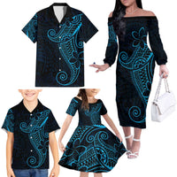 Black Blue Polynesian Tribal Family Matching Off The Shoulder Long Sleeve Dress and Hawaiian Shirt LT9 - Polynesian Pride