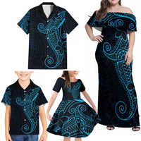 Black Blue Polynesian Tribal Family Matching Off Shoulder Maxi Dress and Hawaiian Shirt LT9 - Polynesian Pride