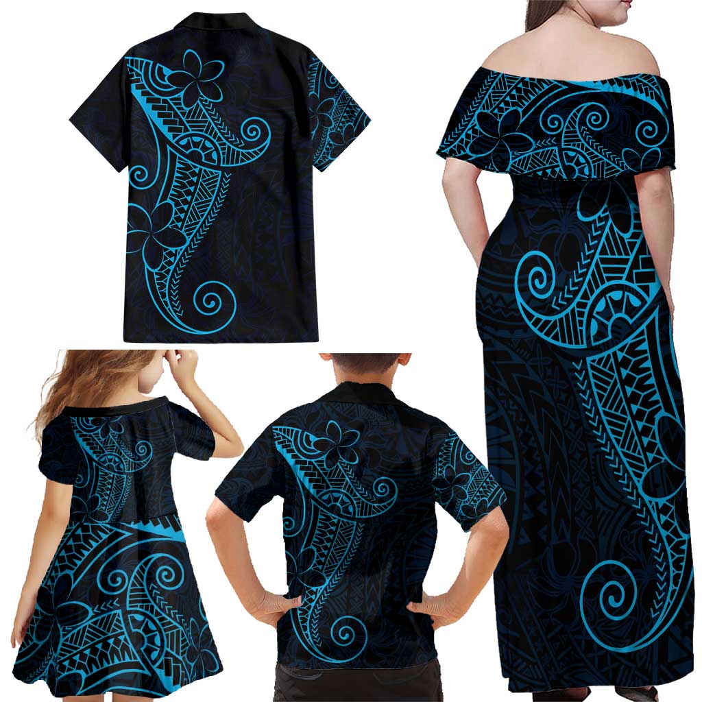 Black Blue Polynesian Tribal Family Matching Off Shoulder Maxi Dress and Hawaiian Shirt LT9 - Polynesian Pride