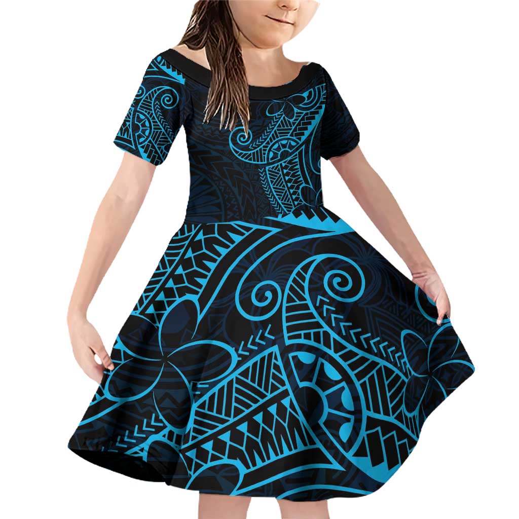 Black Blue Polynesian Tribal Family Matching Off Shoulder Short Dress and Hawaiian Shirt LT9 Daughter's Dress Blue - Polynesian Pride