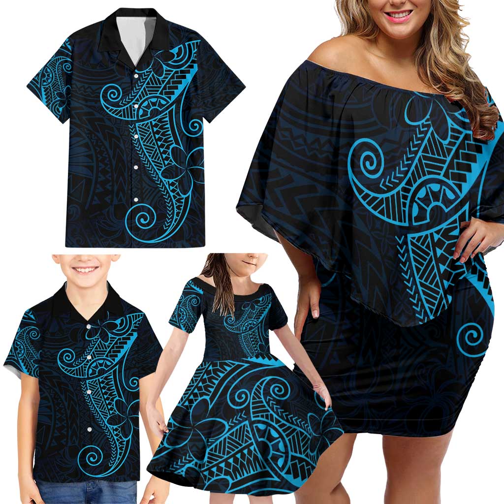 Black Blue Polynesian Tribal Family Matching Off Shoulder Short Dress and Hawaiian Shirt LT9 - Polynesian Pride