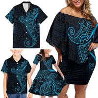 Black Blue Polynesian Tribal Family Matching Off Shoulder Short Dress and Hawaiian Shirt LT9 - Polynesian Pride