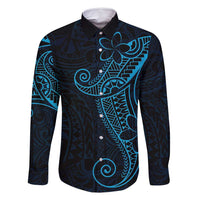Black Blue Polynesian Tribal Family Matching Off Shoulder Short Dress and Hawaiian Shirt LT9 Dad's Shirt - Long Sleeve Blue - Polynesian Pride