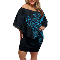 Black Blue Polynesian Tribal Family Matching Off Shoulder Short Dress and Hawaiian Shirt LT9 Mom's Dress Blue - Polynesian Pride