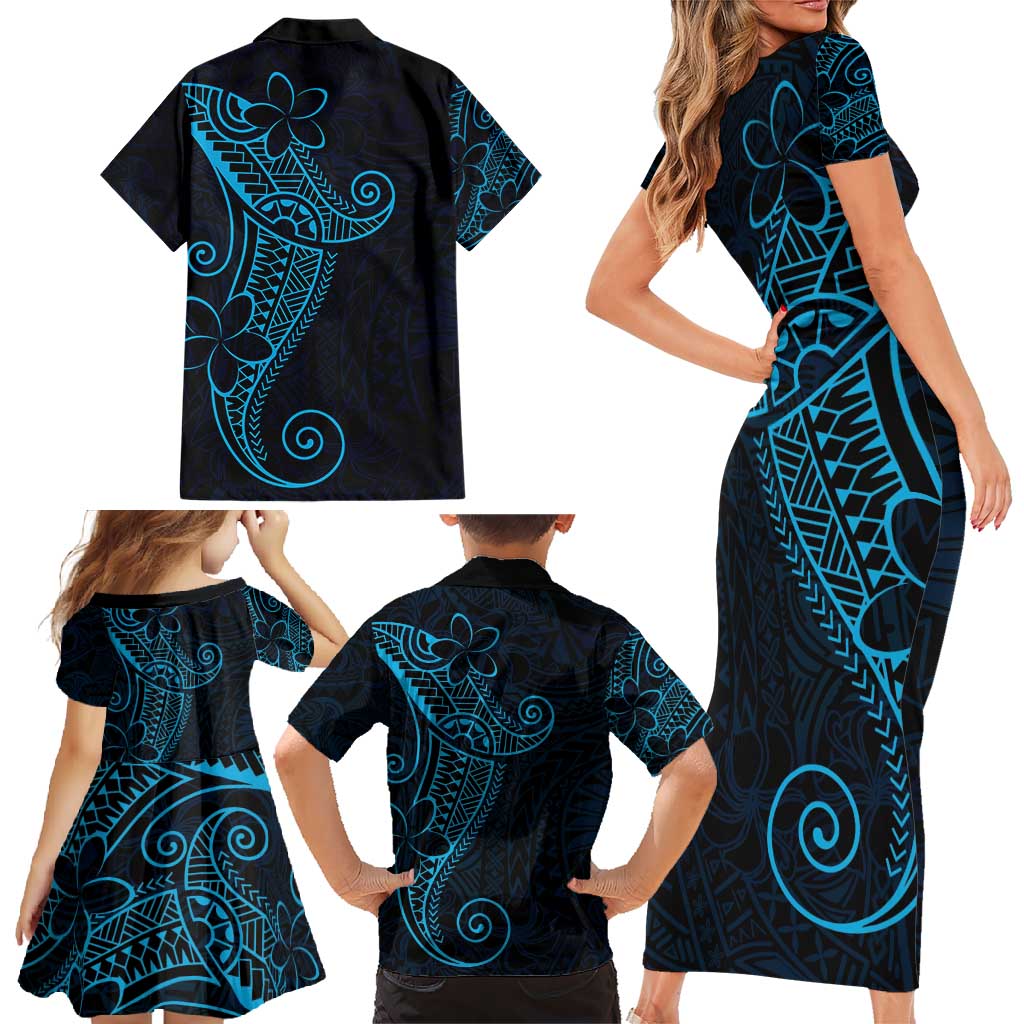 Black Blue Polynesian Tribal Family Matching Short Sleeve Bodycon Dress and Hawaiian Shirt LT9 - Polynesian Pride