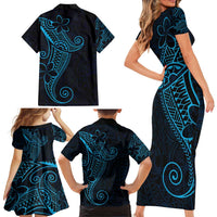 Black Blue Polynesian Tribal Family Matching Short Sleeve Bodycon Dress and Hawaiian Shirt LT9 - Polynesian Pride