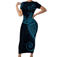 Black Blue Polynesian Tribal Family Matching Short Sleeve Bodycon Dress and Hawaiian Shirt LT9 Mom's Dress Blue - Polynesian Pride