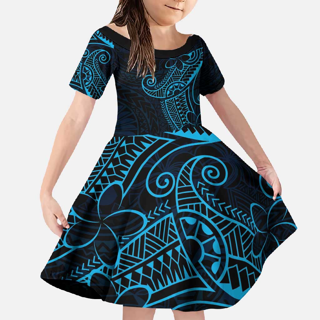 Black Blue Polynesian Tribal Family Matching Summer Maxi Dress and Hawaiian Shirt LT9 Daughter's Dress Blue - Polynesian Pride