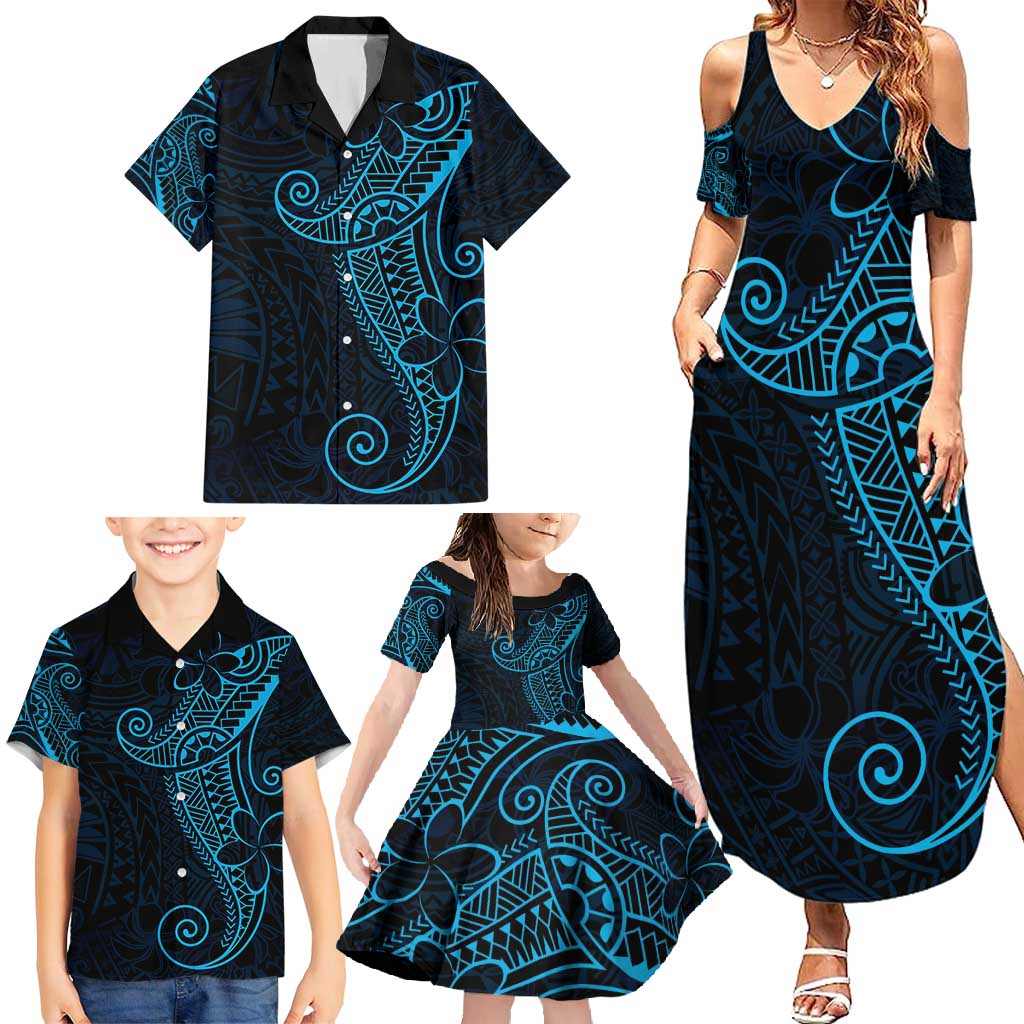 Black Blue Polynesian Tribal Family Matching Summer Maxi Dress and Hawaiian Shirt LT9 - Polynesian Pride