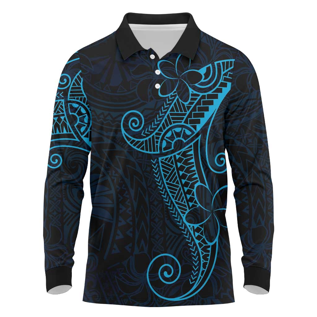 Black Blue Polynesian Tribal Long Sleeve Polo Shirt LT9 Blue - Polynesian Pride