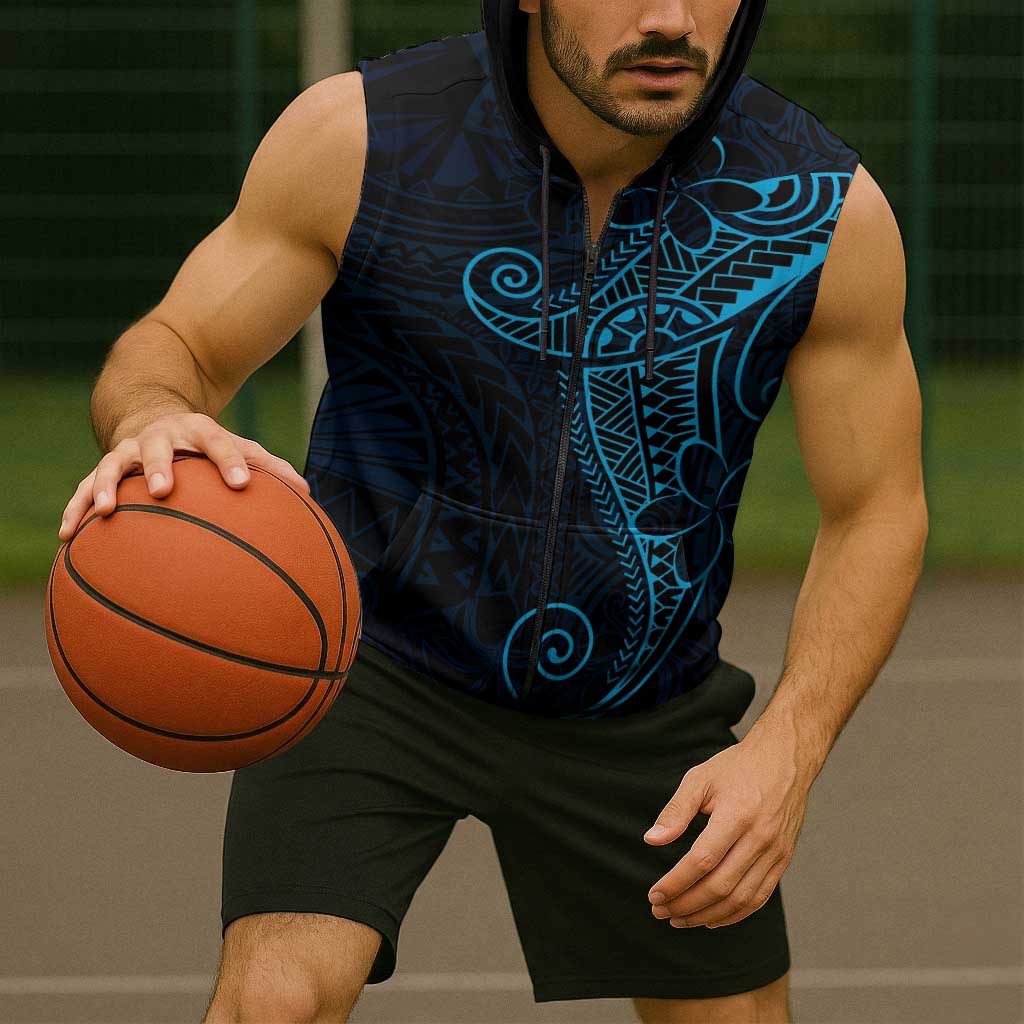 Black Blue Polynesian Tribal Sleeveless Zip Hoodie - Polynesian Pride