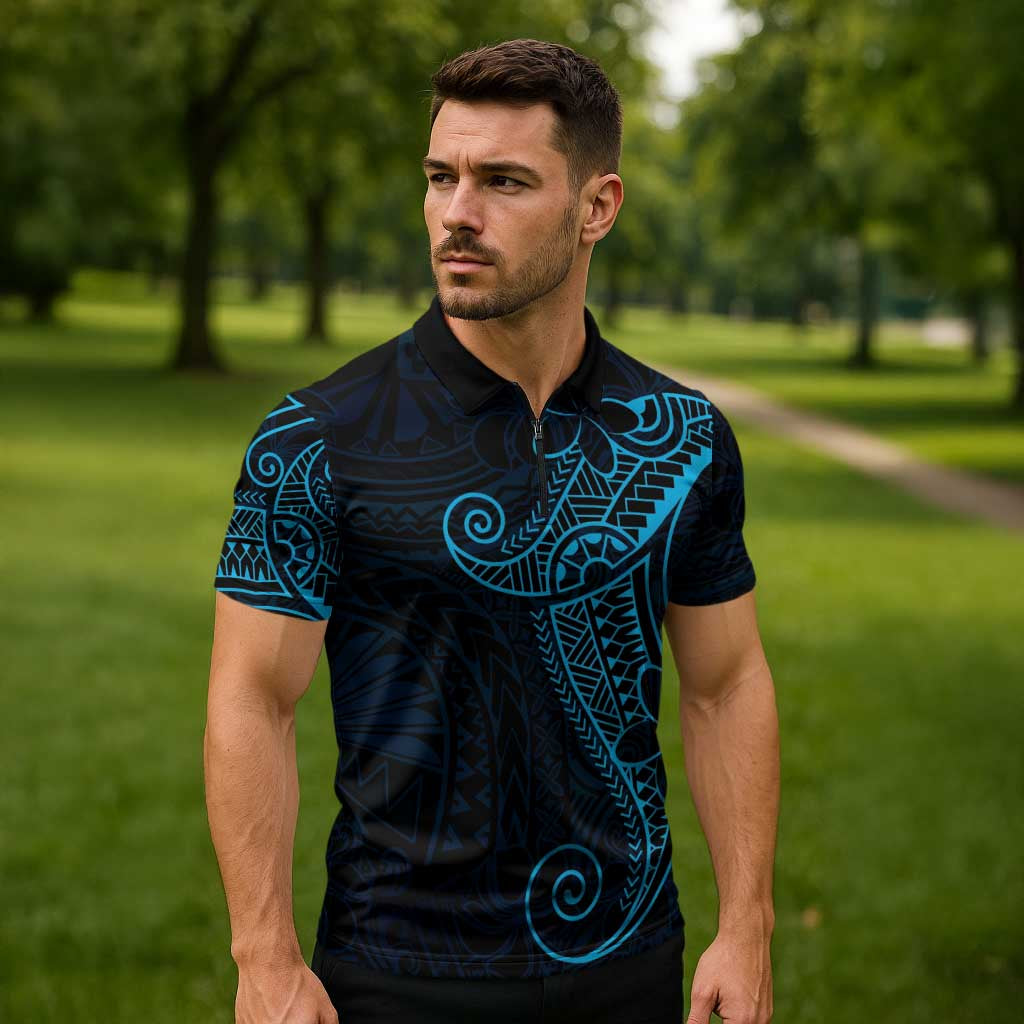 Black Blue Polynesian Tribal Zipper Polo Shirt - Polynesian Pride