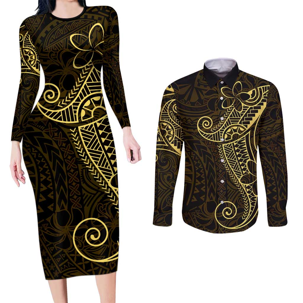 Black Gold Polynesian Tribal Couples Matching Long Sleeve Bodycon Dress and Long Sleeve Button Shirt LT9 Gold - Polynesian Pride
