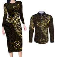Black Gold Polynesian Tribal Couples Matching Long Sleeve Bodycon Dress and Long Sleeve Button Shirt - Polynesian Pride