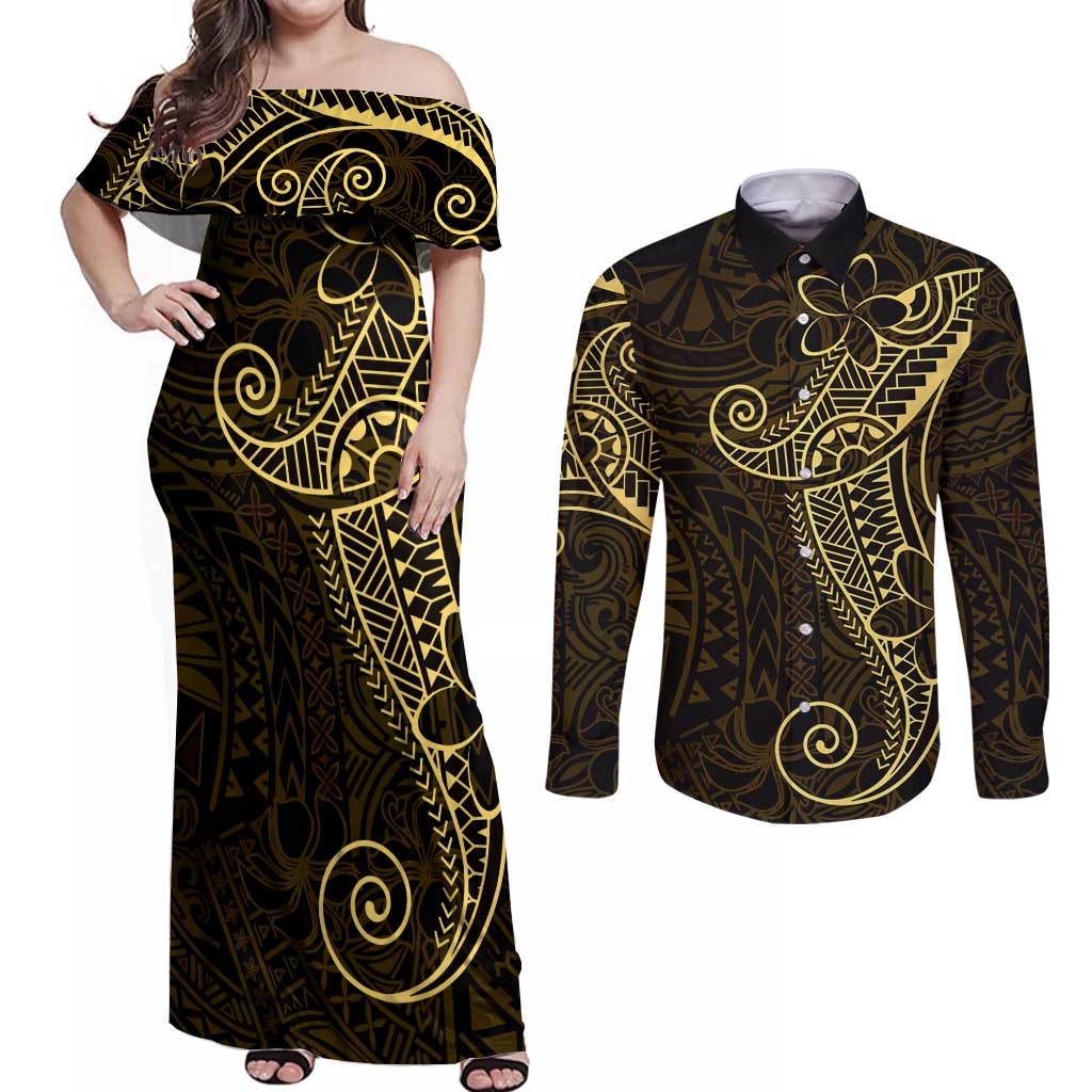 Black Gold Polynesian Tribal Couples Matching Off Shoulder Maxi Dress and Long Sleeve Button Shirt LT9 Gold - Polynesian Pride