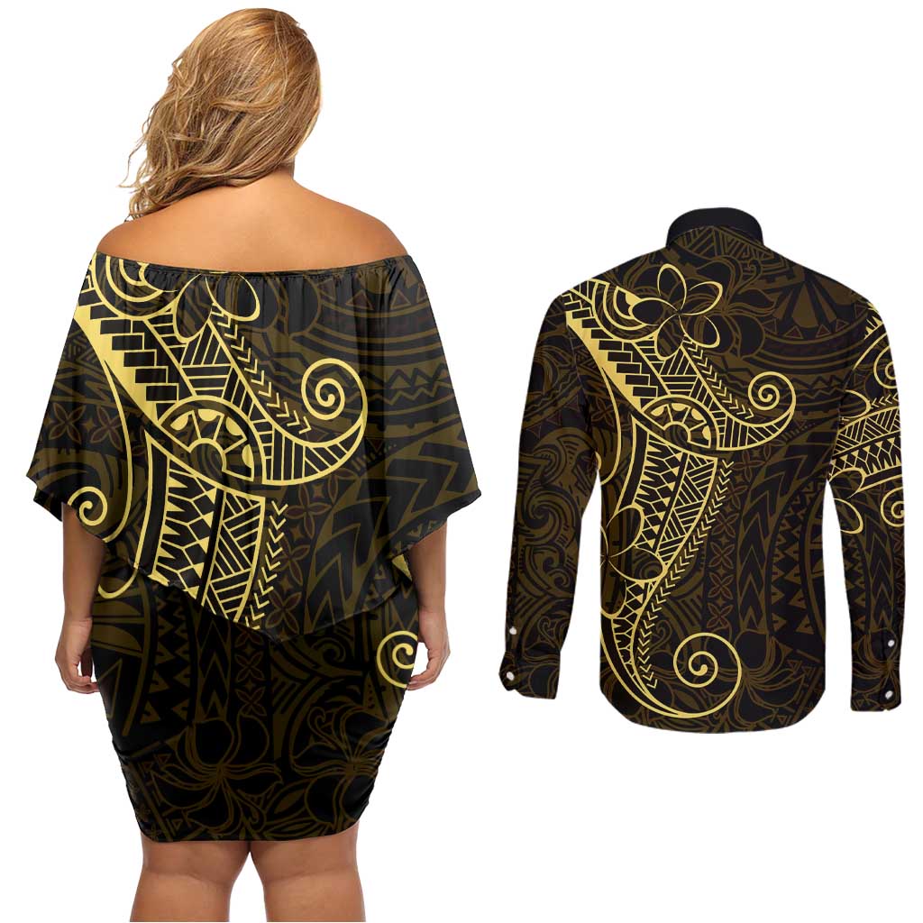 Black Gold Polynesian Tribal Couples Matching Off Shoulder Short Dress and Long Sleeve Button Shirt - Polynesian Pride