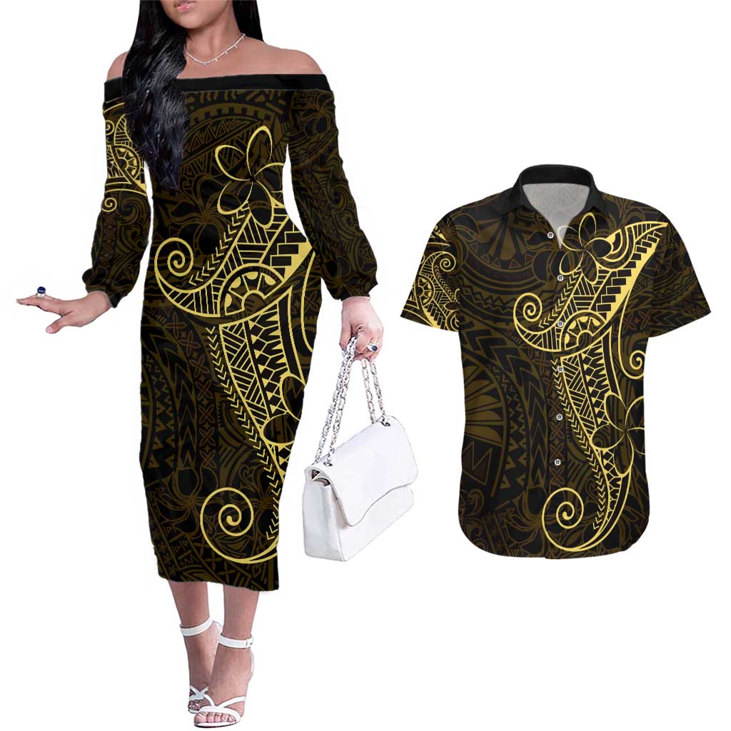 Black Gold Polynesian Tribal Couples Matching Off The Shoulder Long Sleeve Dress and Hawaiian Shirt LT9 Gold - Polynesian Pride