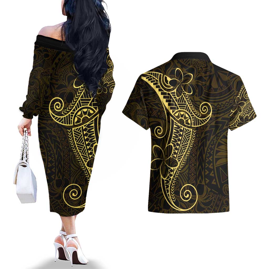 Black Gold Polynesian Tribal Couples Matching Off The Shoulder Long Sleeve Dress and Hawaiian Shirt LT9 - Polynesian Pride