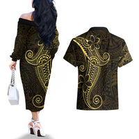 Black Gold Polynesian Tribal Couples Matching Off The Shoulder Long Sleeve Dress and Hawaiian Shirt LT9 - Polynesian Pride