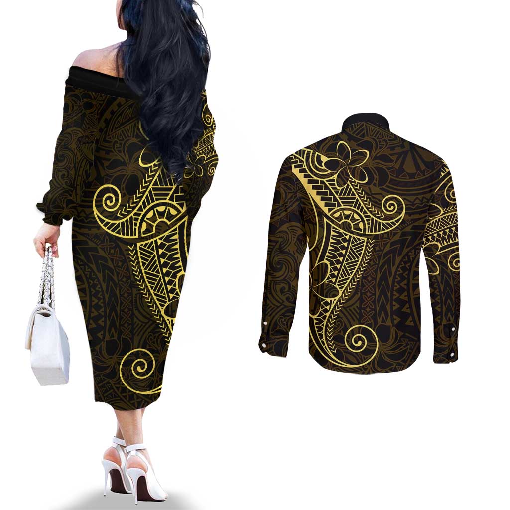 Black Gold Polynesian Tribal Couples Matching Off The Shoulder Long Sleeve Dress and Long Sleeve Button Shirt - Polynesian Pride
