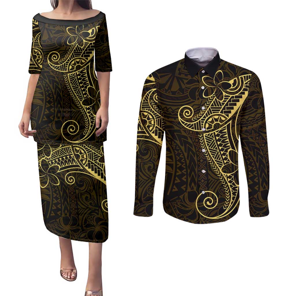 Black Gold Polynesian Tribal Couples Matching Puletasi and Long Sleeve Button Shirt LT9 Gold - Polynesian Pride