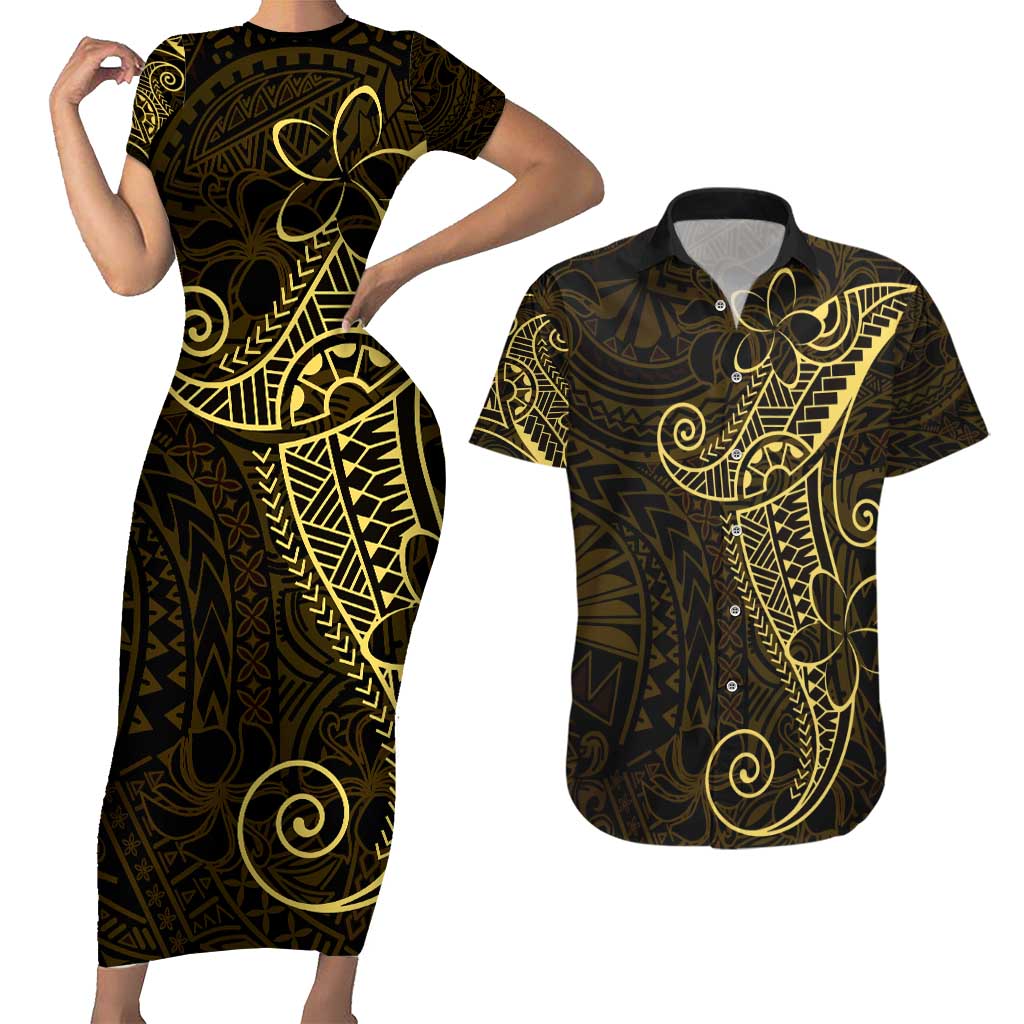 Black Gold Polynesian Tribal Couples Matching Short Sleeve Bodycon Dress and Hawaiian Shirt LT9 Gold - Polynesian Pride