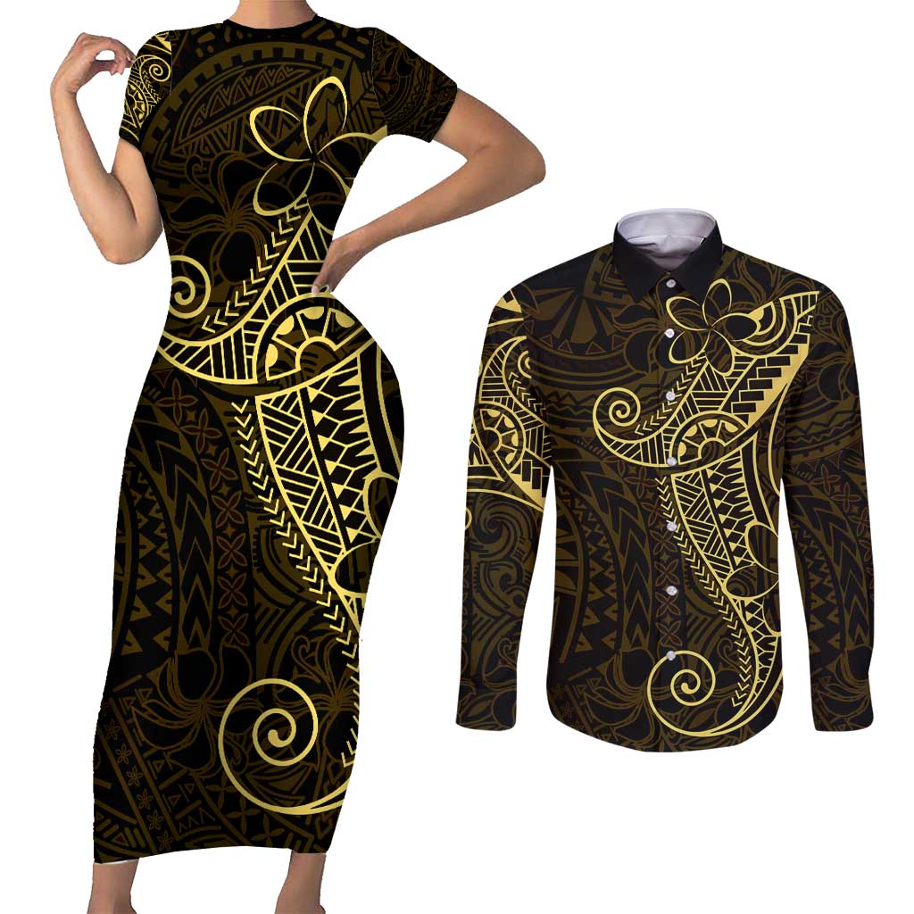 Black Gold Polynesian Tribal Couples Matching Short Sleeve Bodycon Dress and Long Sleeve Button Shirt LT9 Gold - Polynesian Pride