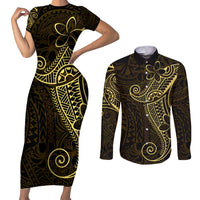 Black Gold Polynesian Tribal Couples Matching Short Sleeve Bodycon Dress and Long Sleeve Button Shirt - Polynesian Pride