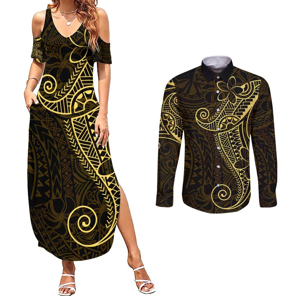 Black Gold Polynesian Tribal Couples Matching Summer Maxi Dress and Long Sleeve Button Shirt LT9 Gold - Polynesian Pride
