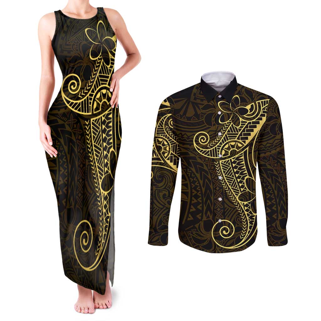Black Gold Polynesian Tribal Couples Matching Tank Maxi Dress and Long Sleeve Button Shirt LT9 Gold - Polynesian Pride