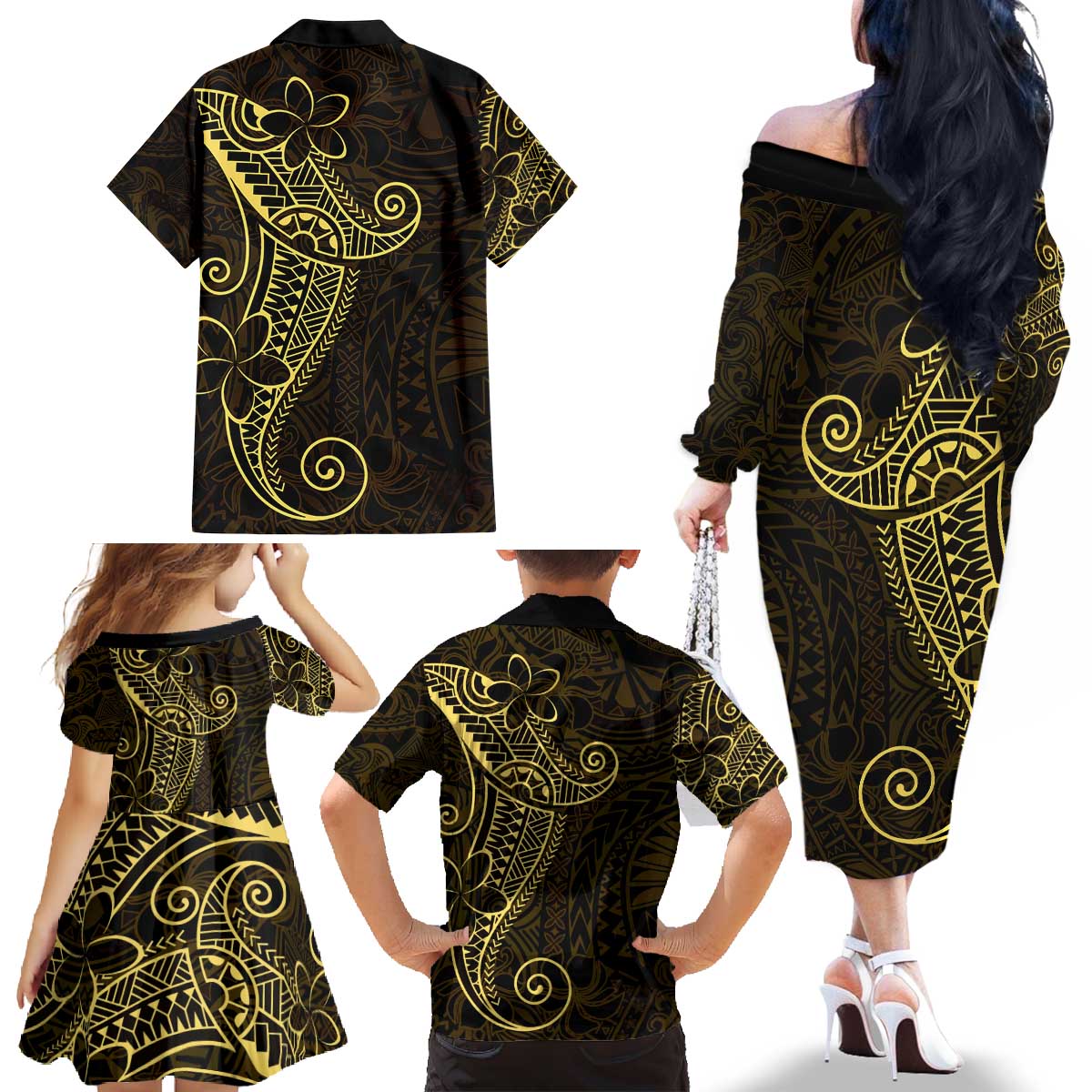Black Gold Polynesian Tribal Family Matching Off The Shoulder Long Sleeve Dress and Hawaiian Shirt LT9 - Polynesian Pride