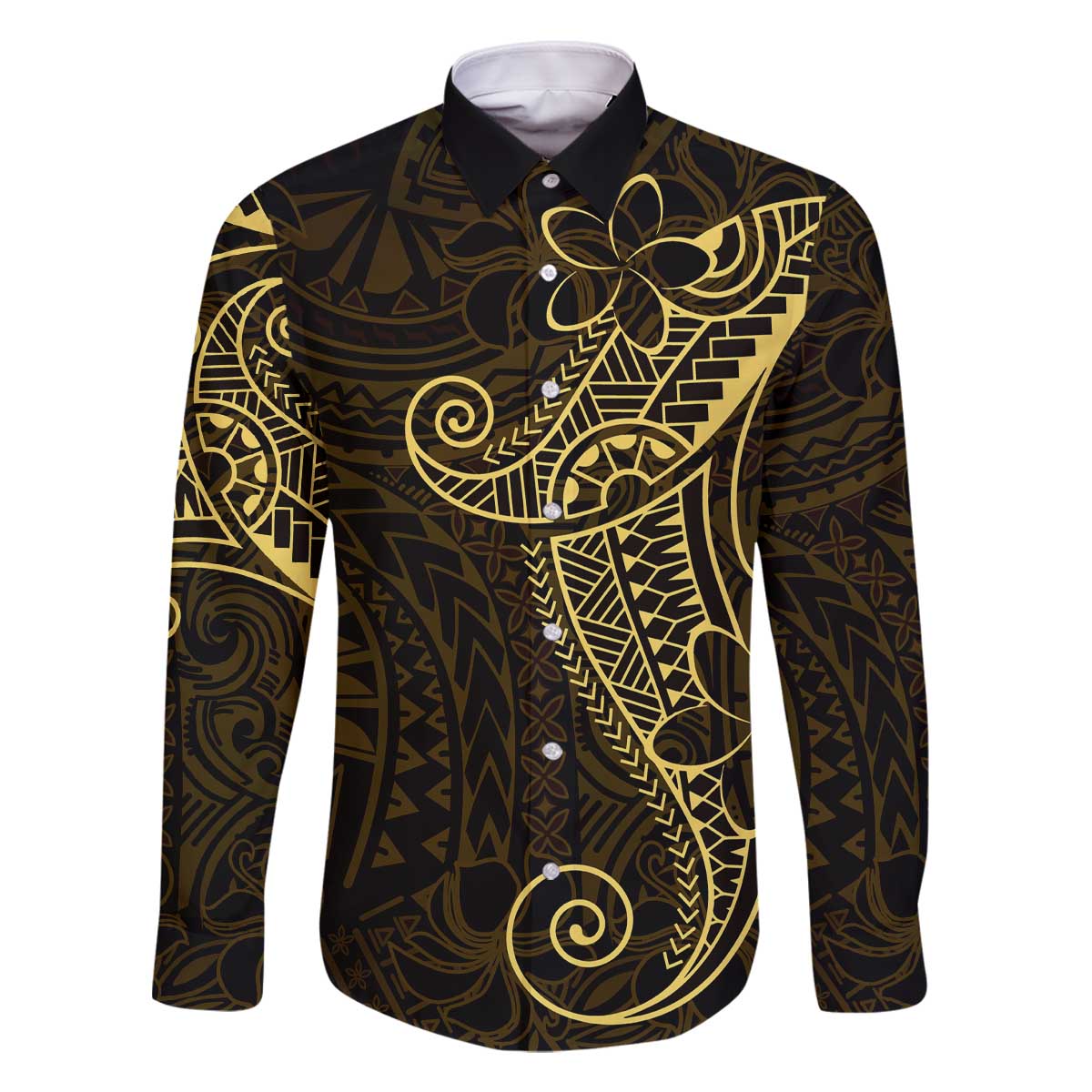 Black Gold Polynesian Tribal Family Matching Off The Shoulder Long Sleeve Dress and Hawaiian Shirt LT9 Dad's Shirt - Long Sleeve Gold - Polynesian Pride
