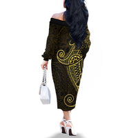 Black Gold Polynesian Tribal Family Matching Off The Shoulder Long Sleeve Dress and Hawaiian Shirt LT9 - Polynesian Pride